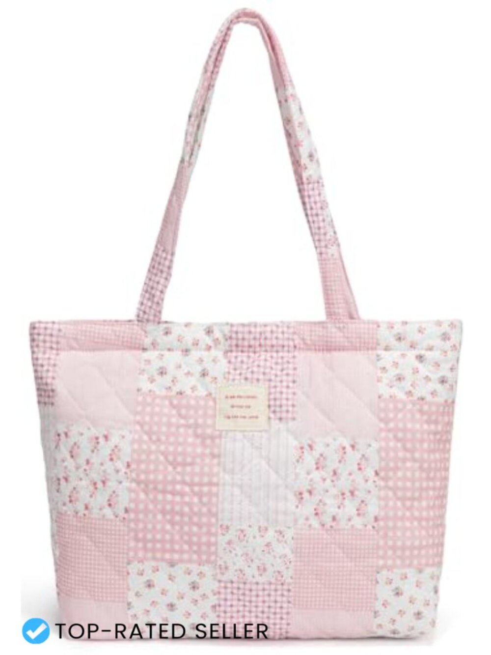 Quilted Cotton Tote Bag with Top Zipper, Large Capacity for Work Travel College